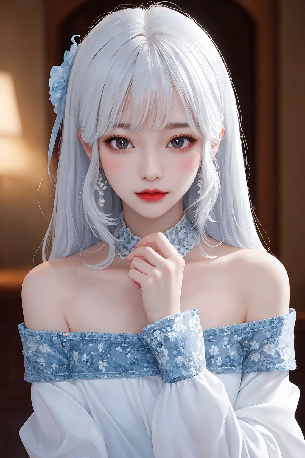 A girl,with a bust,exquisite decoration,long white hair,off-the-shoulder,blue and white tone,rosy lips,high nose and exquisite facial features,