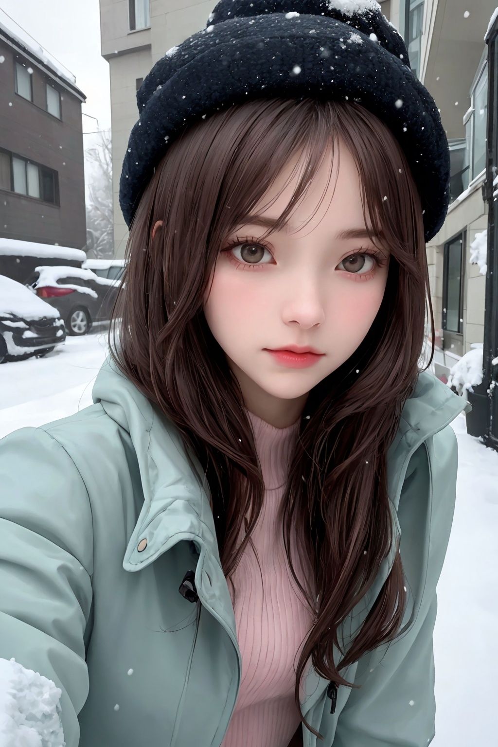 The girl in the plush hat,like a masterpiece of realism,is superior in quality,and the picture quality reaches the ultra-high resolution 16K realm. Imagine,it's snowing outside,she's dressed in pink,her long legs are bare,a apple green coat is draped around her body,and then a coat is covered,the smell of winter is blowing in her face. The picture is high-definition,the contrast between light and dark is prominent,the side light and diffuse reflection are interwoven,the collision light,the close-up moment is frozen,and the strong emotion is coming out. This is the charm of modernism,a picture,a thousand words,gripping.,
