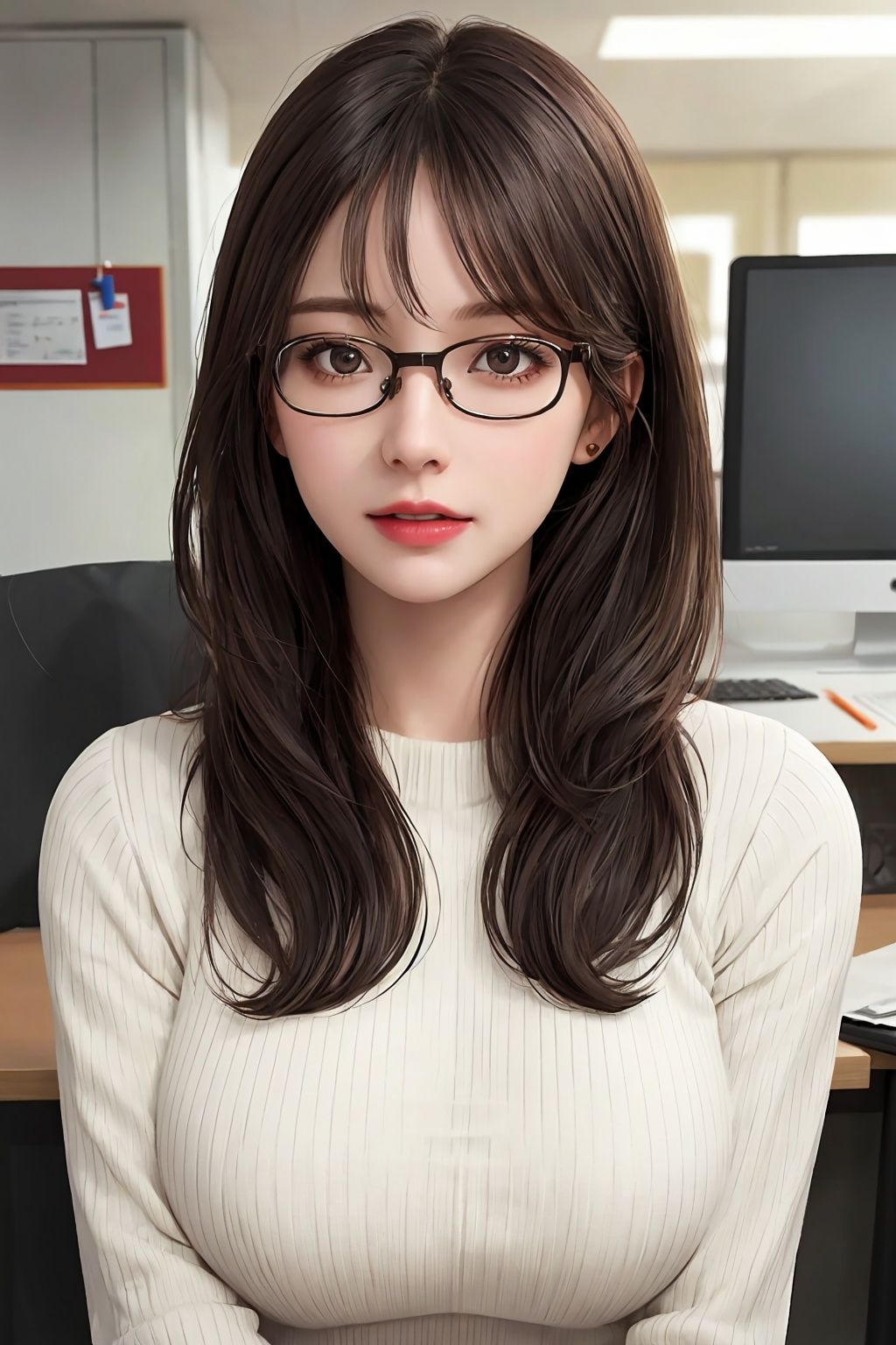 Masterpiece,best quality,super detailed,realistic,1 girl,wearing a tight winter sweater,realistic illustration,detailed face,big breasts,glasses,cute office lady,intricate details,very detailed,in the office,