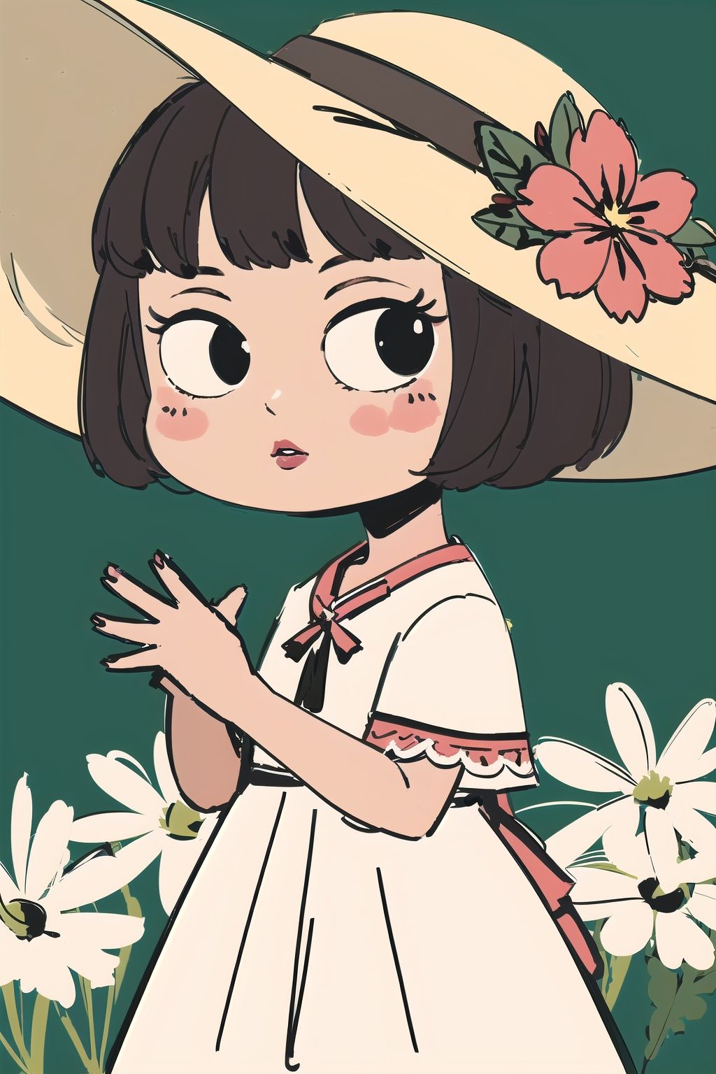 dmstyle,1girl, solo, dress, hat, flower, white dress, outdoors, pink flower, blurry, short hair, black hair, standing, sun hat, brown eyes, looking at viewer, lips, white headwear, parted lips, hand up, blurry background, tystyle