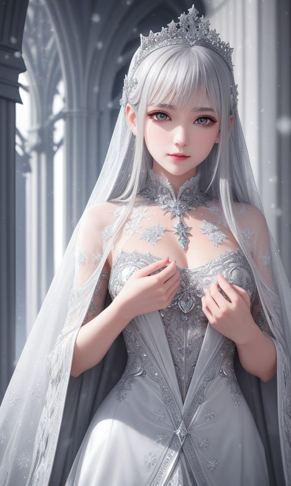 ultra detailed 8k cg, intricate detail, delicate patern, jewelry, gem, silver, silver theme, shiny, glint, sparkle, silver hair, silver cloak, silver eyes, rich, prestige, gothic architecture, snow, snowing, snowflakes, 