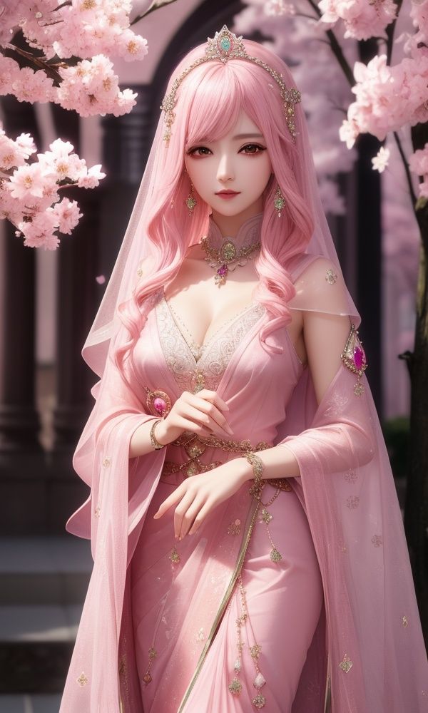 ultra detailed 8k cg, intricate detail, delicate patern, jewelry, gem, pink theme, , shiny, glint, sparkle, pink hair, pink cloak, pink eyes,, rich, prestige, gothic architecture, cherry blossoms, 