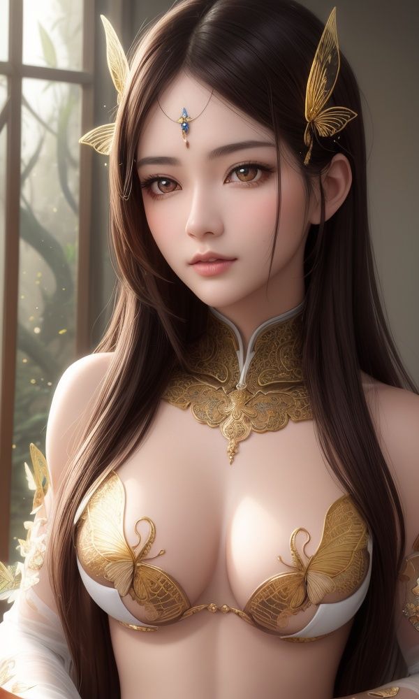 8k portrait of beautiful cyborg with brown hair, intricate, elegant, highly detailed, majestic, digital photography, art by artgerm and ruan jia and greg rutkowski surreal painting gold butterfly filigree, broken glass, (masterpiece, sidelighting, finely detailed beautiful eyes: 1.2), hdr, (detailed background window to a new dimension, plants and flowers:0.7) , infinity, infinite symbol, intricate detail,  extremely intricate, elegant \(sumisumi4268\), majestic,