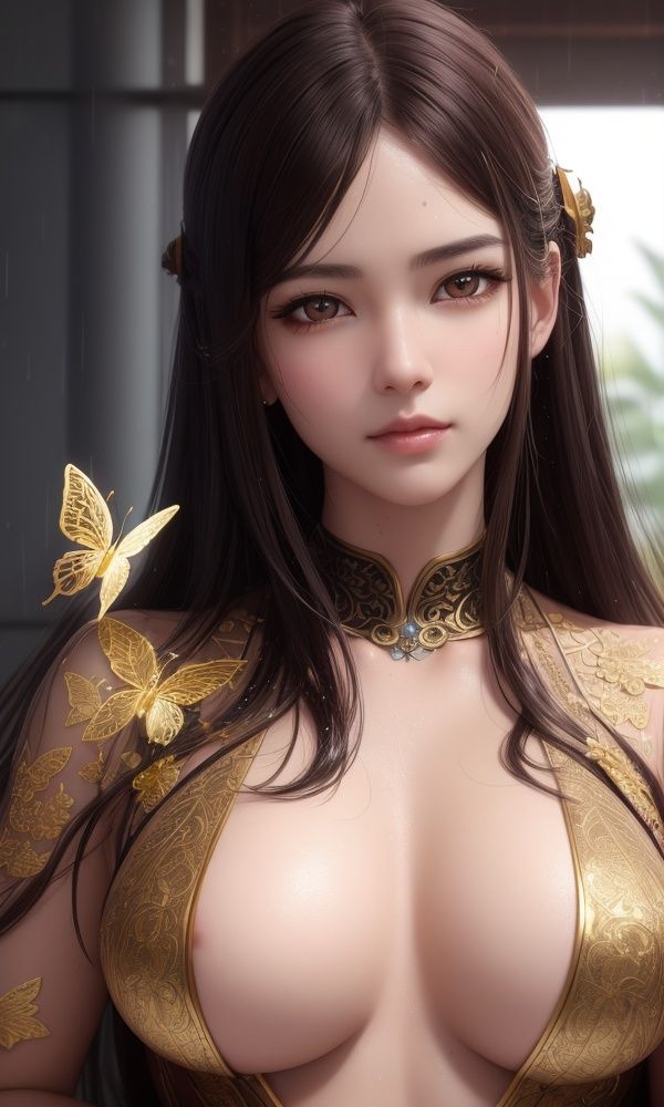 8k portrait of beautiful cyborg with brown hair, intricate, elegant, highly detailed, majestic, digital photography, art by artgerm and ruan jia and greg rutkowski surreal painting gold butterfly filigree, broken glass, (masterpiece, sidelighting, finely detailed beautiful eyes: 1.2), hdr, (detailed background window to a new dimension, plants and flowers:0.7) , infinity, infinite symbol, intricate detail,  extremely intricate, elegant \(sumisumi4268\), majestic, wet, rain, sweat, outdoors, 