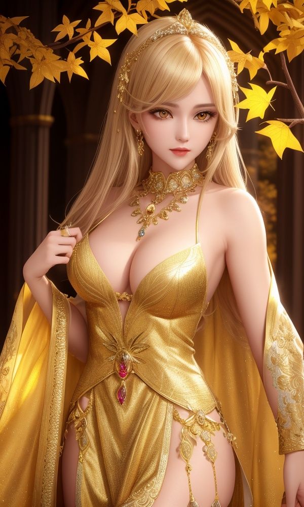 ultra detailed 8k cg, intricate detail, delicate patern, jewelry, gem, gold, golden, gold theme, shiny, glint, sparkle, blonde hair, yellow cloak, yellow eyes, rich, prestige, gothic architecture, autumn leaves, 