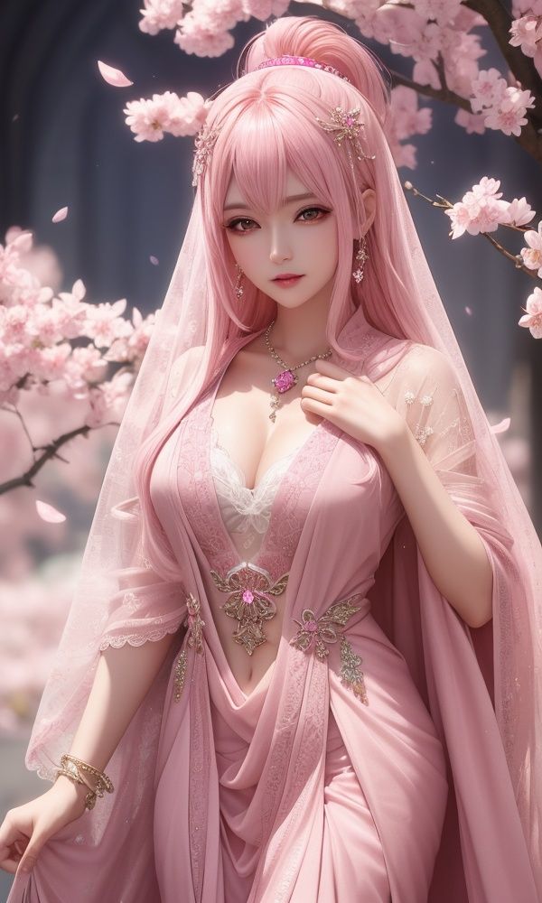 ultra detailed 8k cg, intricate detail, delicate patern, jewelry, gem, pink theme, , shiny, glint, sparkle, pink hair, pink cloak, pink eyes,, rich, prestige, gothic architecture, cherry blossoms, 