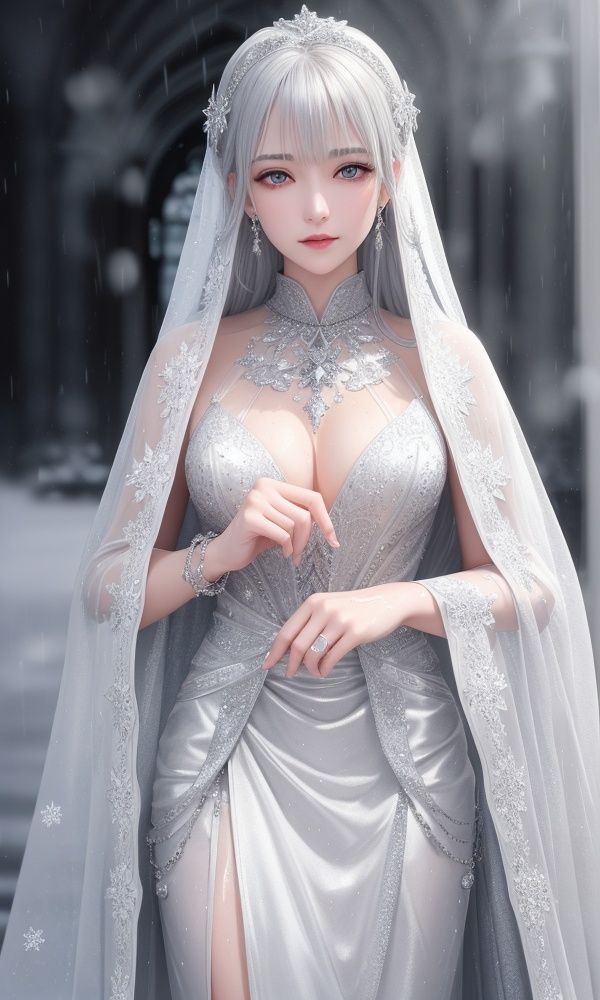 ultra detailed 8k cg, intricate detail, delicate patern, jewelry, gem, silver, silver theme, shiny, glint, sparkle, silver hair, silver cloak, silver eyes, rich, prestige, gothic architecture,rain, wet, sweat, , snow, snowing, snowflakes, 