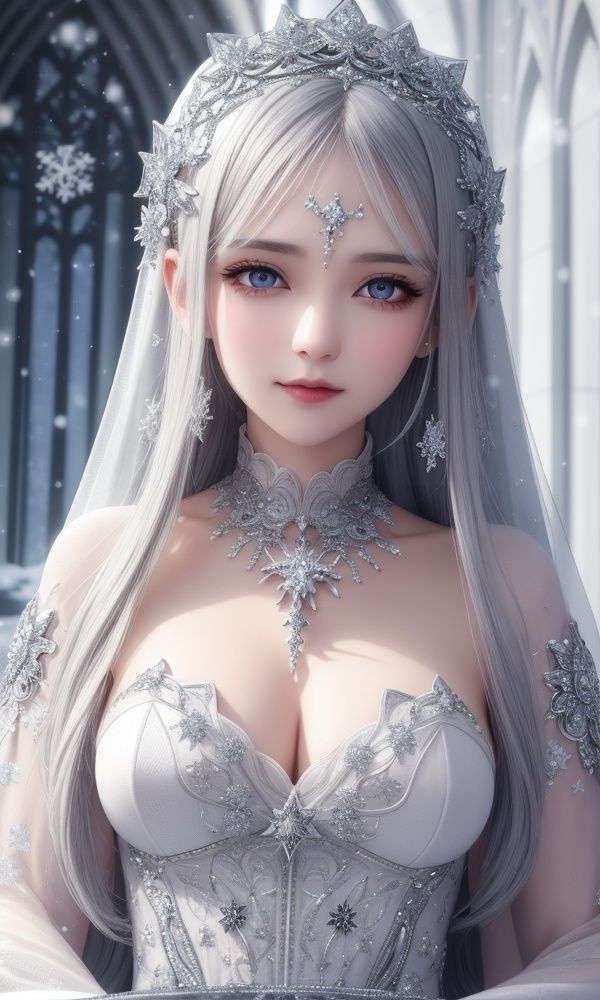 ultra detailed 8k cg, intricate detail, delicate patern, jewelry, gem, silver, silver theme, shiny, glint, sparkle, silver hair, silver cloak, silver eyes, rich, prestige, gothic architecture, snow, snowing, snowflakes, 