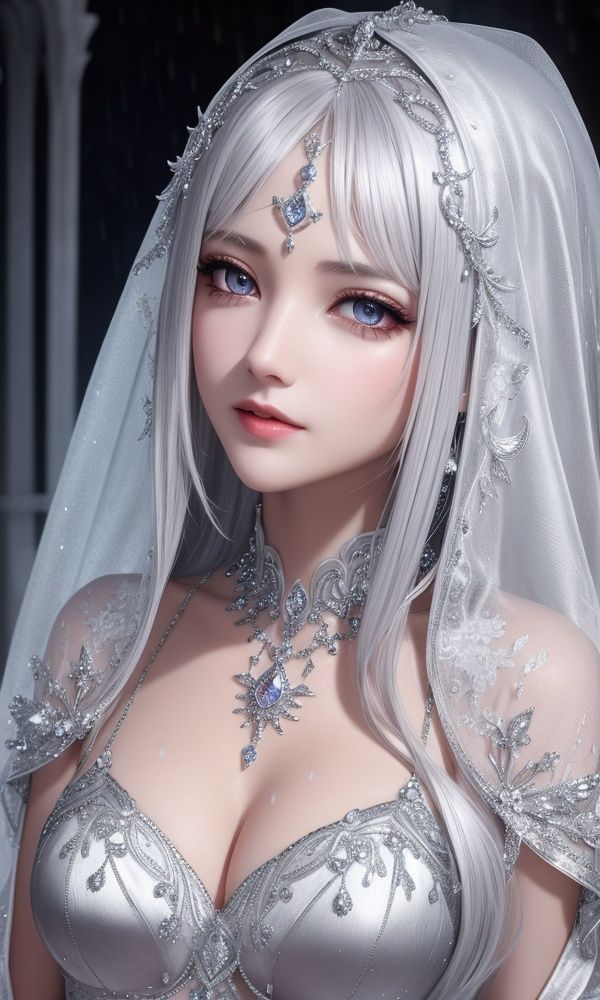 ultra detailed 8k cg, intricate detail, delicate patern, jewelry, gem, silver, silver theme, shiny, glint, sparkle, silver hair, silver cloak, silver eyes, rich, prestige, gothic architecture,rain, wet, sweat, 