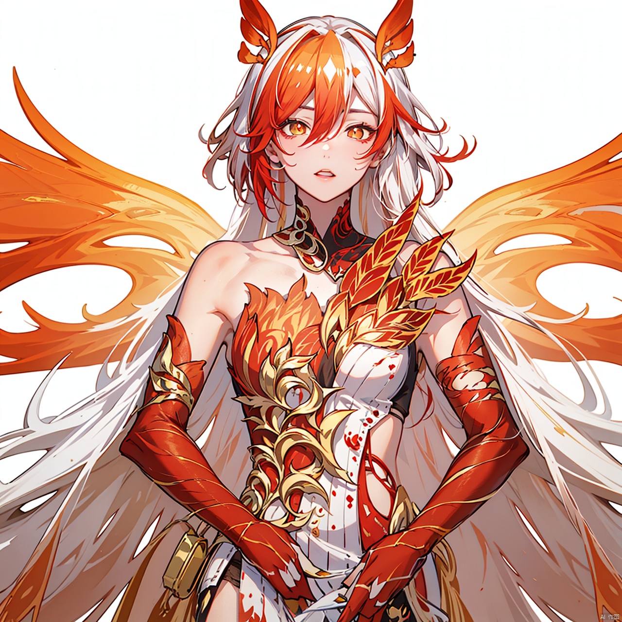  (masterpiece:1.3), (the best quality:1.2), (super fine illustrations:1.2), (Masterpiece), high quality, high detail,(white background:1.2), looking at viewer, (SOLO:1.4),outline,,simple background,armor,red legwear,thighhighs,boots,facial mark,head wings,red gloves,two-tone hair,earrings,gloves,tassel,leotard,skirt,dress,elbow gloves,twintails,bare shoulders,tattoo,phoenix,ribbon,red ribbon,bangs,white hair,orange eyes,streaked hair,fu hua,orange hair,fiery hair,hair between eyes,multicolored hair,fiery wings,jewelry,hair ornament,gloves,hair ribbon,pattern on hair,logo,yellow pupils,diamond shaped pupils,
