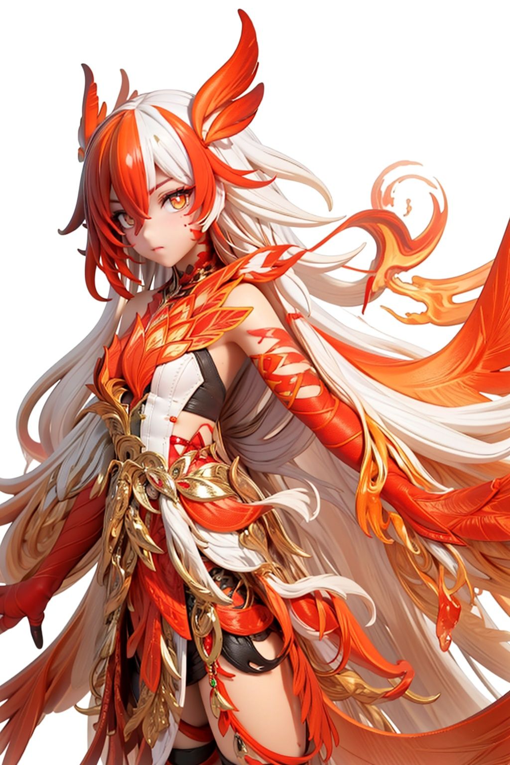  (masterpiece:1.3), (the best quality:1.2), (super fine illustrations:1.2), (Masterpiece), high quality, high detail,(white background:1.2), looking at viewer, (SOLO:1.4),outline,,simple background, armor,red legwear,thighhighs,boots,facial mark,head wings,red gloves,two-tone hair,earrings,gloves,tassel,leotard,skirt,dress,elbow gloves,twintails,bare shoulders,tattoo,phoenix,ribbon,red ribbon,bangs,white hair,orange eyes,streaked hair,fu hua,orange hair,fiery hair,hair between eyes,multicolored hair,fiery wings,jewelry,hair ornament,gloves,hair ribbon,pattern on hair,logo,yellow pupils,diamond shaped pupils, Phoenix_girl