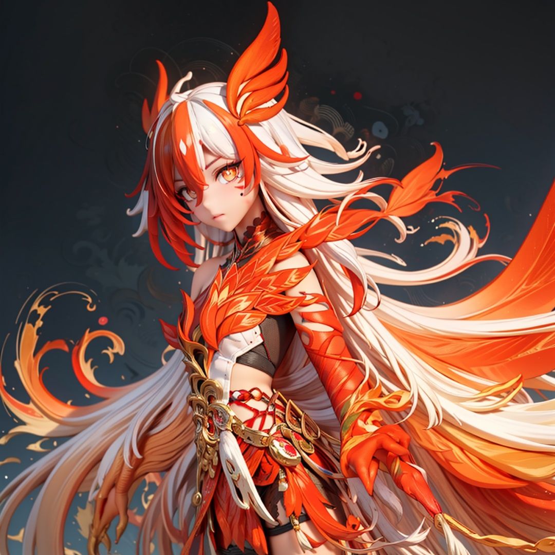  (masterpiece:1.3), (the best quality:1.2), (super fine illustrations:1.2), (Masterpiece), high quality, high detail, looking at viewer, (SOLO:1.4),outline,,simple background, armor,red legwear,thighhighs,boots,facial mark,head wings,red gloves,two-tone hair,earrings,gloves,tassel,leotard,skirt,dress,elbow gloves,twintails,bare shoulders,tattoo,phoenix,ribbon,red ribbon,bangs,white hair,orange eyes,streaked hair,fu hua,orange hair,fiery hair,hair between eyes,multicolored hair,fiery wings,jewelry,hair ornament,gloves,hair ribbon,pattern on hair,logo,yellow pupils,diamond shaped pupils, Phoenix_girl