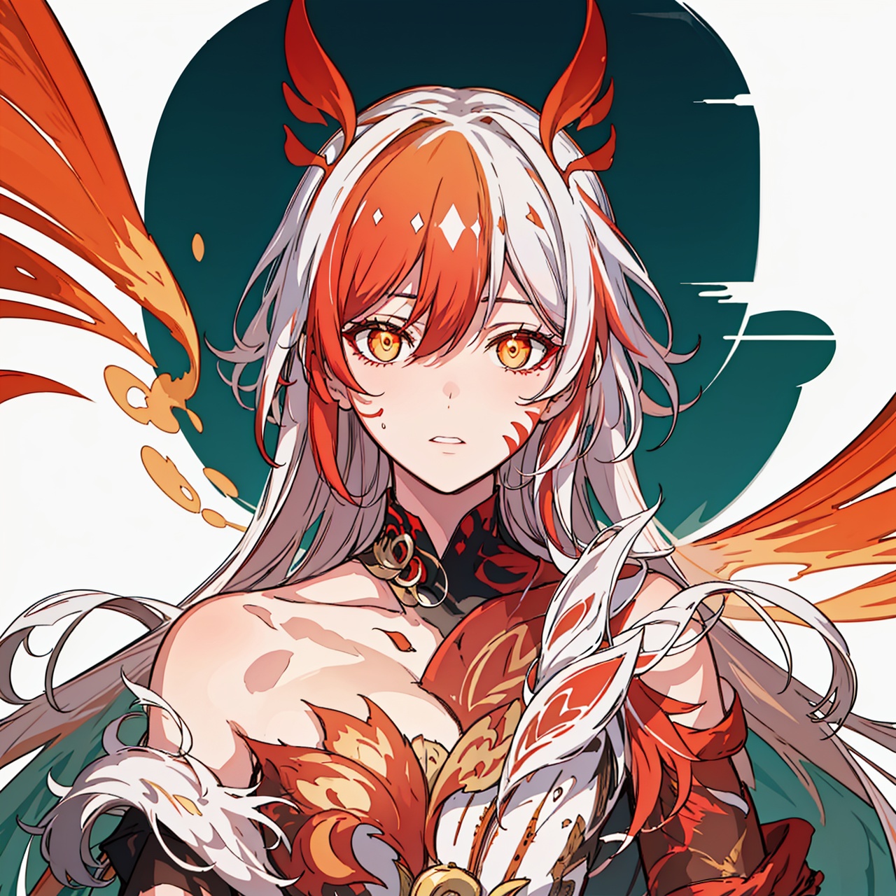 (masterpiece:1.3), (the best quality:1.2), (super fine illustrations:1.2), (Masterpiece), high quality, high detail,(white background:1.2), looking at viewer, (SOLO:1.4),outline,,simple background,armor,red legwear,thighhighs,boots,facial mark,head wings,red gloves,two-tone hair,earrings,gloves,tassel,leotard,skirt,dress,elbow gloves,twintails,bare shoulders,tattoo,phoenix,ribbon,red ribbon,bangs,white hair,orange eyes,streaked hair,fu hua,orange hair,fiery hair,hair between eyes,multicolored hair,fiery wings,jewelry,hair ornament,gloves,hair ribbon,pattern on hair,logo,yellow pupils,diamond shaped pupils,
