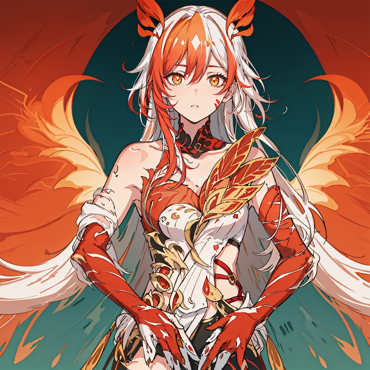 (masterpiece:1.3), (the best quality:1.2), (super fine illustrations:1.2), (Masterpiece), high quality, high detail,(white background:1.2), looking at viewer, (SOLO:1.4),outline,,simple background,armor,red legwear,thighhighs,boots,facial mark,head wings,red gloves,two-tone hair,earrings,gloves,tassel,leotard,skirt,dress,elbow gloves,twintails,bare shoulders,tattoo,phoenix,ribbon,red ribbon,bangs,white hair,orange eyes,streaked hair,fu hua,orange hair,fiery hair,hair between eyes,multicolored hair,fiery wings,jewelry,hair ornament,gloves,hair ribbon,pattern on hair,logo,yellow pupils,diamond shaped pupils,
