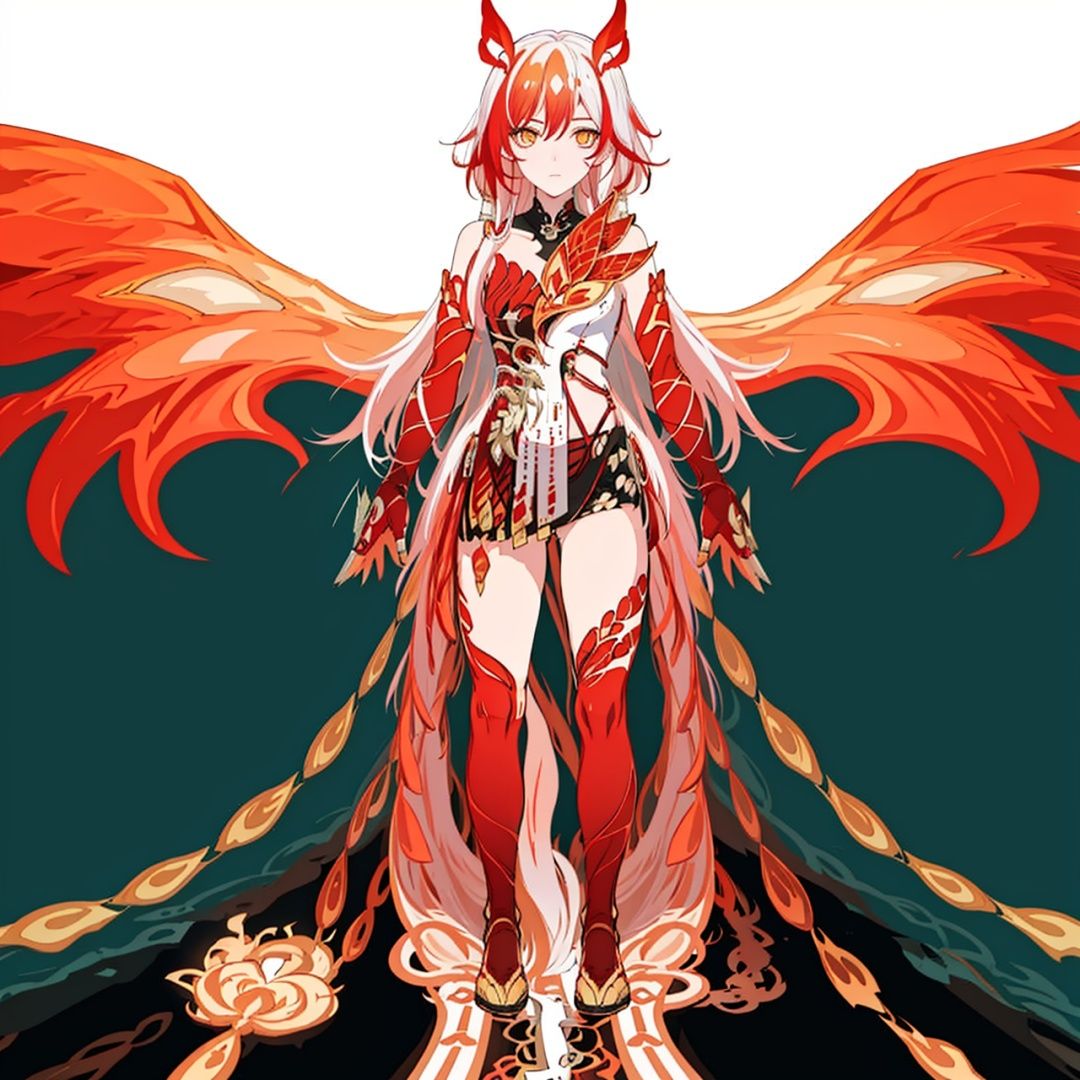 (masterpiece:1.3),(the best quality:1.2),(super fine illustrations:1.2),(Masterpiece),high quality,high detail,(white background:1.2),looking at viewer,(SOLO:1.4),outline,simple background,<lora:符华-崩落-图透试做:0.8>, armor,red legwear,thighhighs,boots,facial mark,head wings,red gloves,two-tone hair,earrings,gloves,tassel,leotard,skirt,dress,elbow gloves,twintails,bare shoulders,tattoo,phoenix,ribbon,red ribbon,bangs,white hair,orange eyes,streaked hair,fu hua,orange hair,fiery hair,hair between eyes,multicolored hair,fiery wings,jewelry,hair ornament,gloves,hair ribbon,pattern on hair,logo,yellow pupils,diamond shaped pupils,