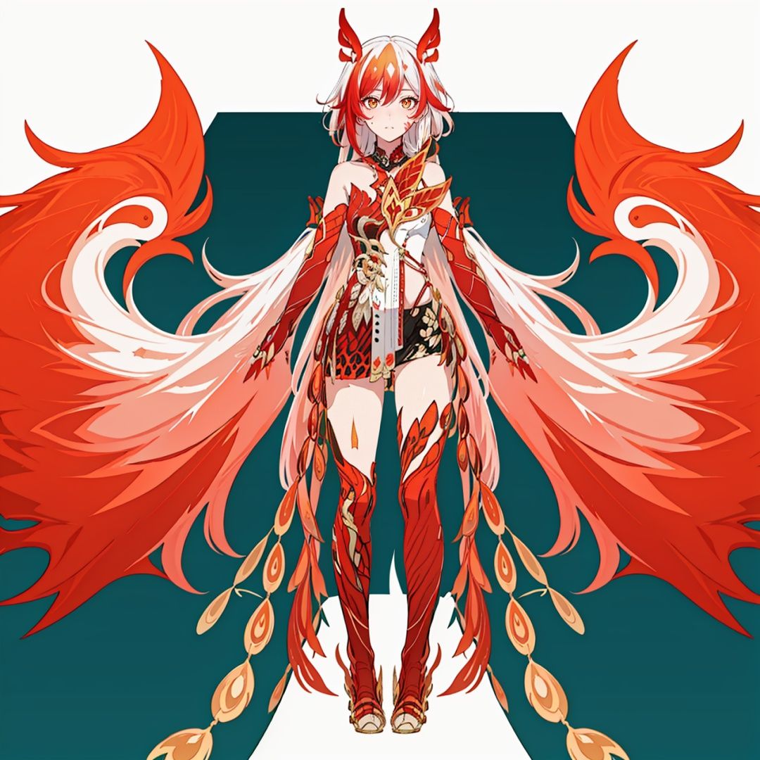  (masterpiece:1.3), (the best quality:1.2), (super fine illustrations:1.2), (Masterpiece), high quality, high detail,(white background:1.2), looking at viewer, (SOLO:1.4),outline,,simple background,armor,red legwear,thighhighs,boots,facial mark,head wings,red gloves,two-tone hair,earrings,gloves,tassel,leotard,skirt,dress,elbow gloves,twintails,bare shoulders,tattoo,phoenix,ribbon,red ribbon,bangs,white hair,orange eyes,streaked hair,fu hua,orange hair,fiery hair,hair between eyes,multicolored hair,fiery wings,jewelry,hair ornament,gloves,hair ribbon,pattern on hair,logo,yellow pupils,diamond shaped pupils,
