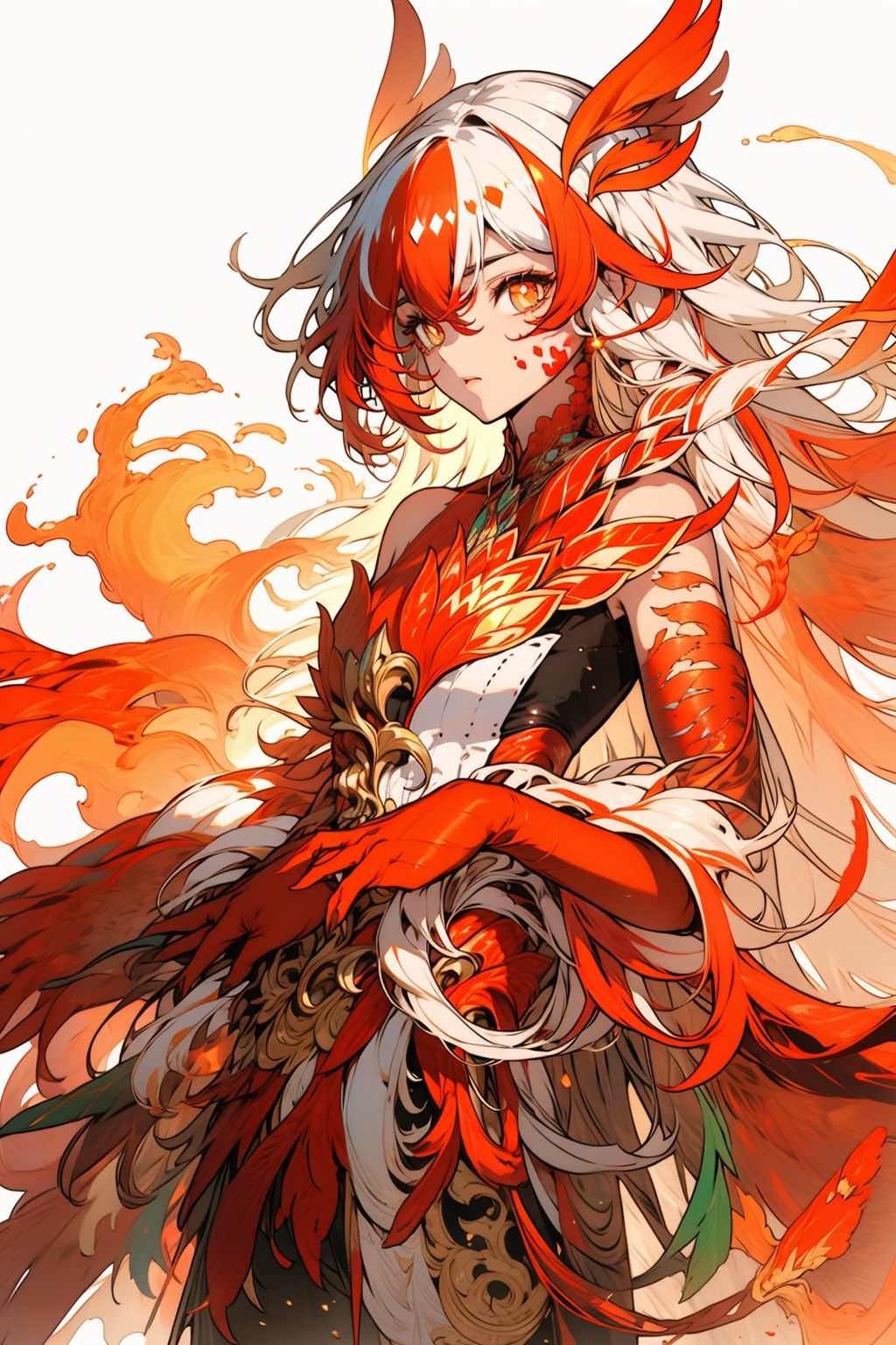  (masterpiece:1.3), (the best quality:1.2), (super fine illustrations:1.2), (Masterpiece), high quality, high detail,(white background:1.2), looking at viewer, (SOLO:1.4),outline,,simple background, armor,red legwear,thighhighs,boots,facial mark,head wings,red gloves,two-tone hair,earrings,gloves,tassel,leotard,skirt,dress,elbow gloves,twintails,bare shoulders,tattoo,phoenix,ribbon,red ribbon,bangs,white hair,orange eyes,streaked hair,fu hua,orange hair,fiery hair,hair between eyes,multicolored hair,fiery wings,jewelry,hair ornament,gloves,hair ribbon,pattern on hair,logo,yellow pupils,diamond shaped pupils, Phoenix_girl
