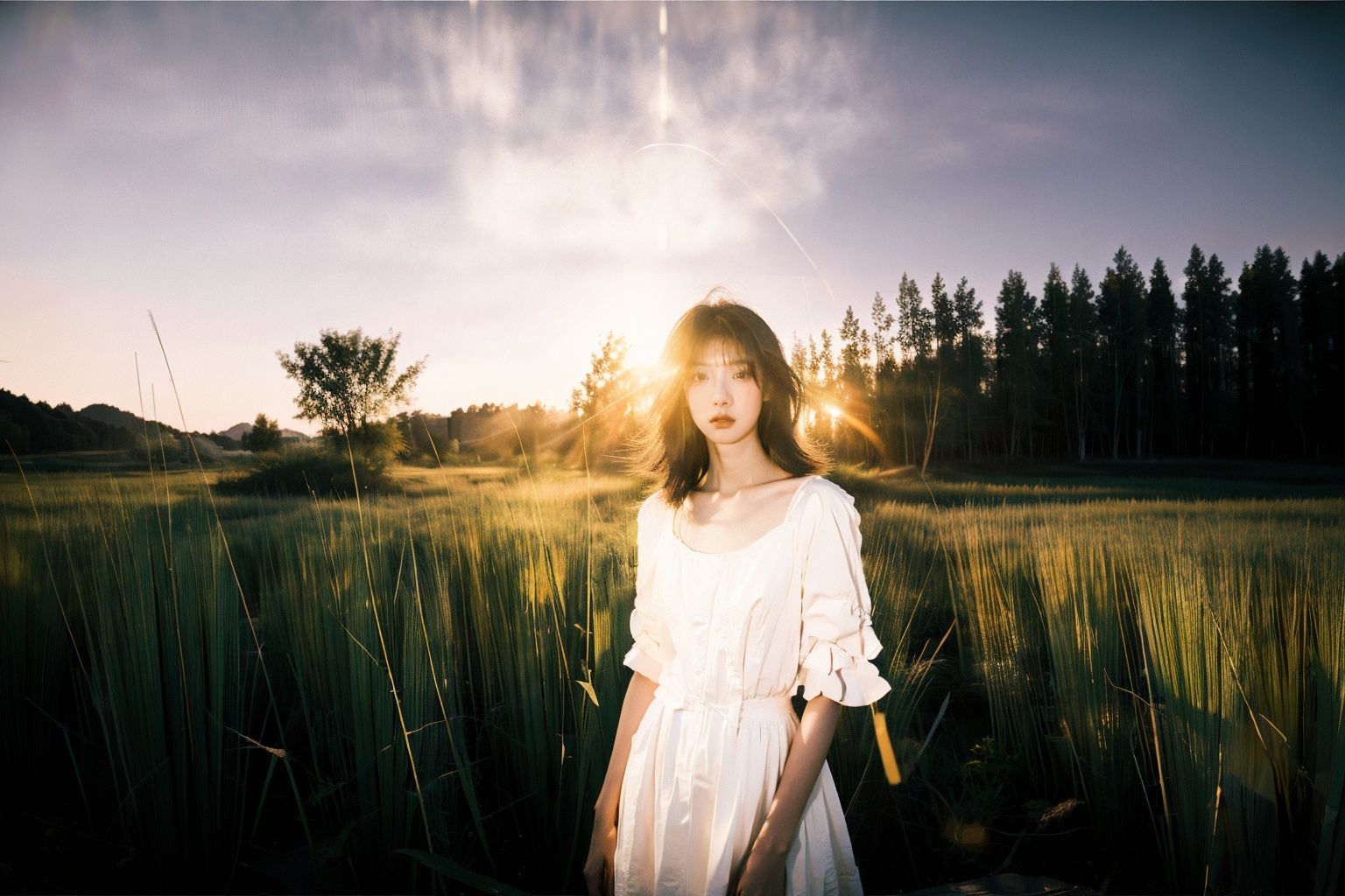  A young woman in a white dress, surrounded by a vibrant green reed bed, the early morning light creating a magical atmosphere, a fish-eye lens capturing the distortion, paying homage to Man Ray's experimental photography, with a metallic, glossy texture that adds a modern touch to the traditional scene.,WuLight