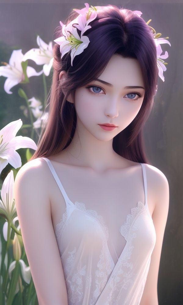 (,1girl, ,best quality, )<lora:344-DA-斗破苍穹-云韵-黑服:0.6>,,1girl, solo,((nude:0.75)),(((small breasts:1))), (bare shoulders:0.85),(masterpiece, best quality),((oil painting style)),sexy young lady,(beautiful face and eyes),(upper body:1.5),(whole body:1.05),(single person:1.2),slim body,brown hair,messy and long hair,white lace dress, surrounded by flowers, (lily), roses, floret, vegetation, white, purple, purplish pink,Impressionism,colorful,(Breast size:1.3),