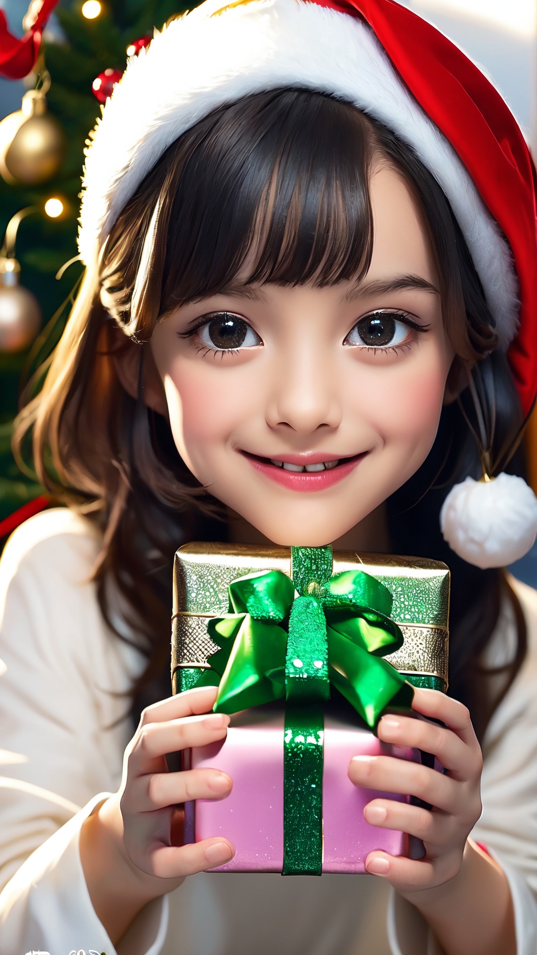 Embrace the festive spirit with this heartwarming prompt: "Illustrate a charming scene of a cute little girl adorned in a...