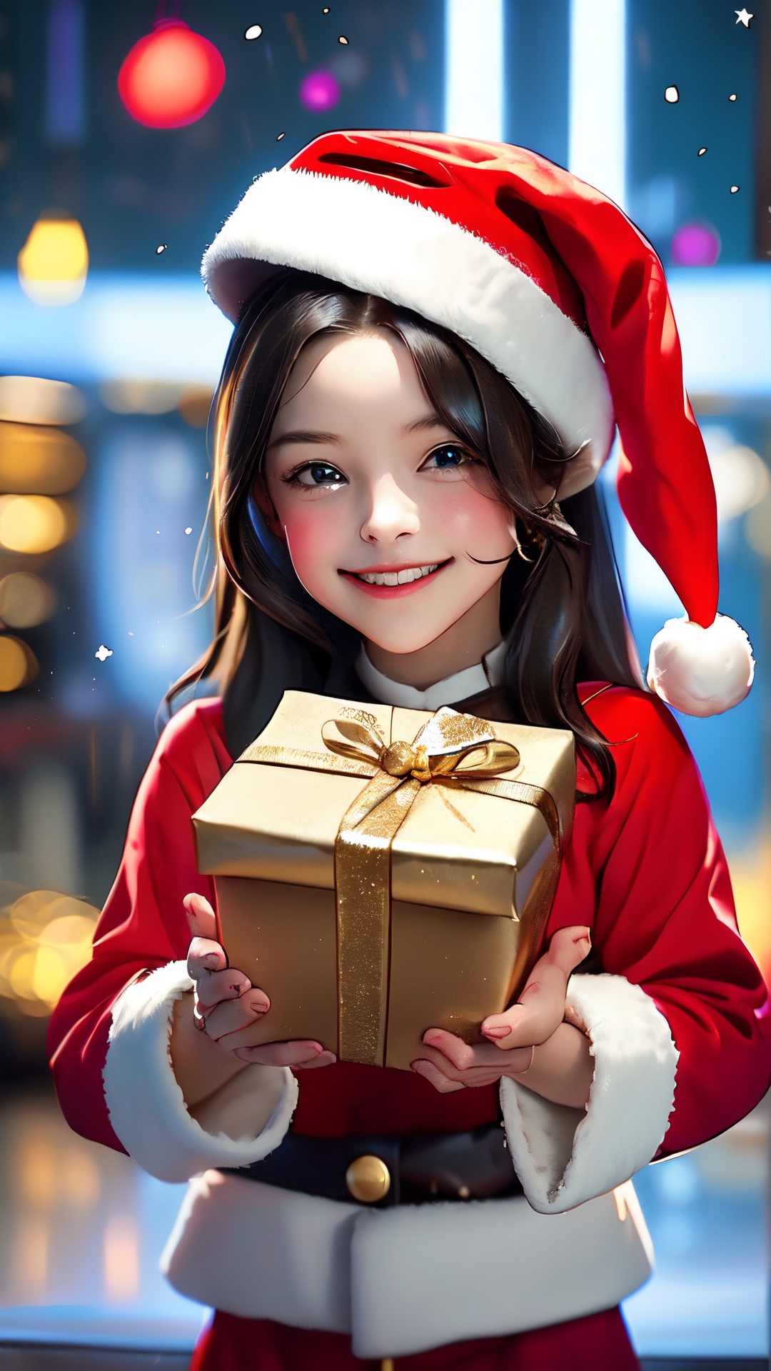 Embrace the festive spirit with this heartwarming prompt: "Illustrate a charming scene of a cute little girl adorned in a...
