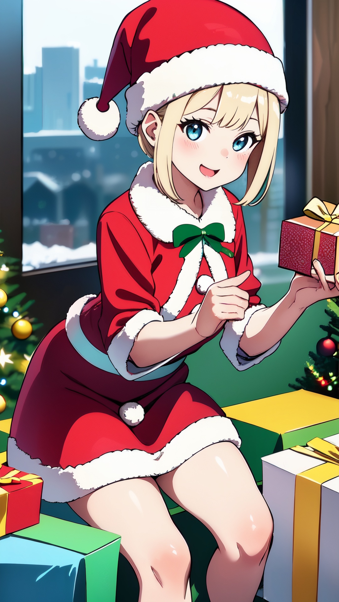 Embrace the festive spirit with this heartwarming prompt: "Illustrate a charming scene of a cute little girl adorned in a...
