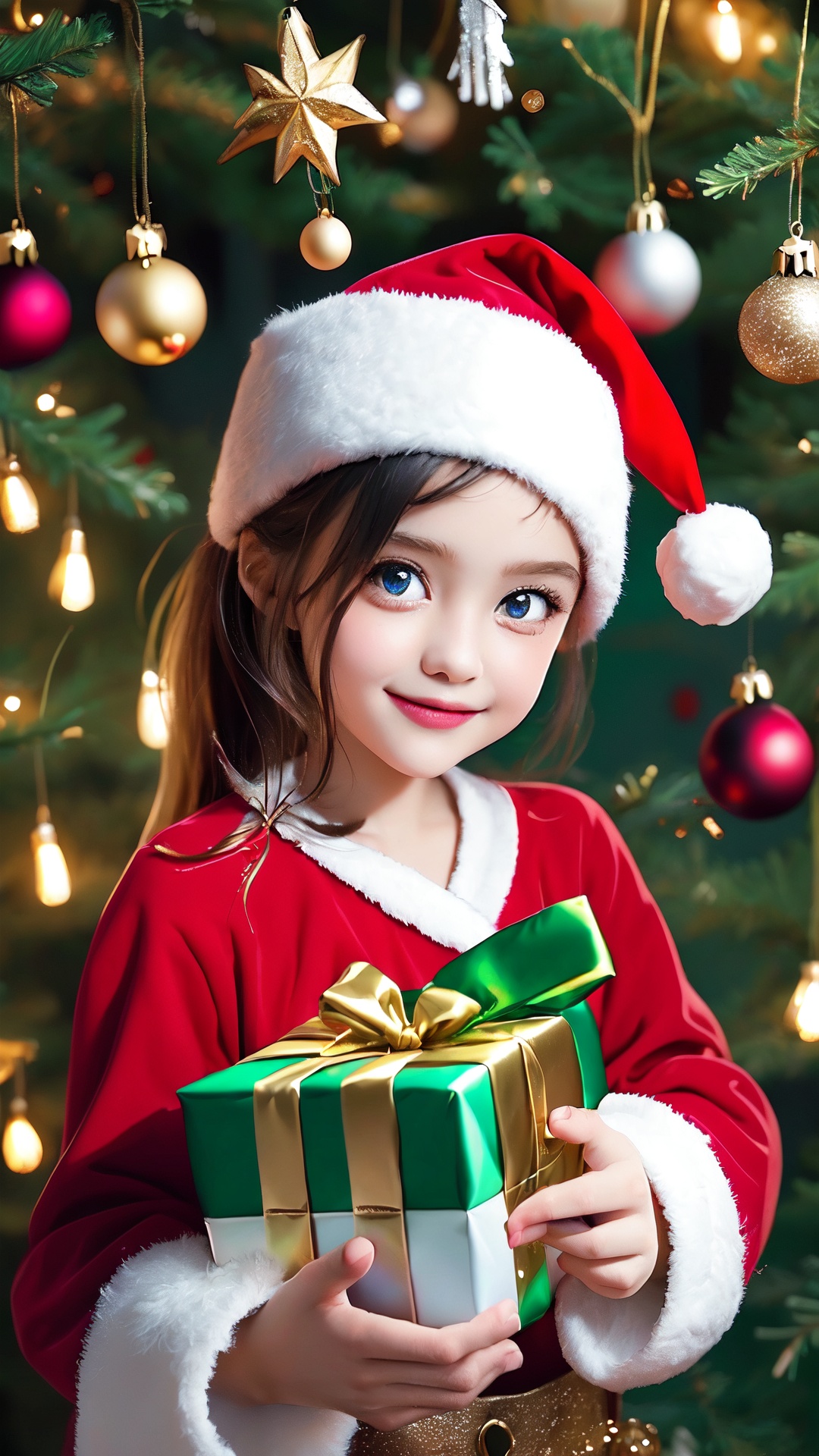 Embrace the festive spirit with this heartwarming prompt: "Illustrate a charming scene of a cute little girl adorned in a...