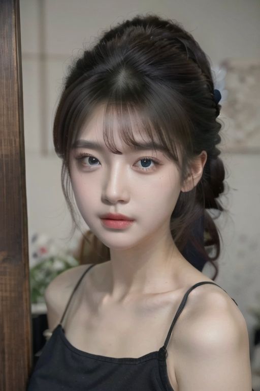  solo, highly detailed, cinematic highlight hair, (best quality), ((masterpiece)),1girl, black hair,updo, black eyes, realistic,