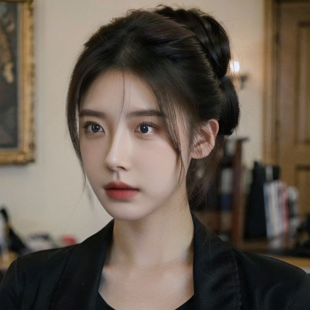  solo, highly detailed, cinematic highlight hair, (best quality), ((masterpiece)),1girl, black hair,updo, black eyes, realistic,1girl,