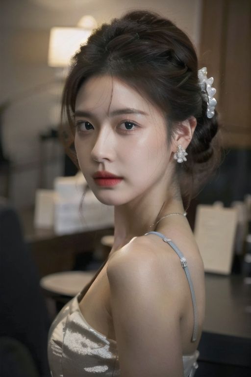  solo, highly detailed, cinematic highlight hair, (best quality), ((masterpiece)),1girl, black hair,updo, black eyes, realistic,