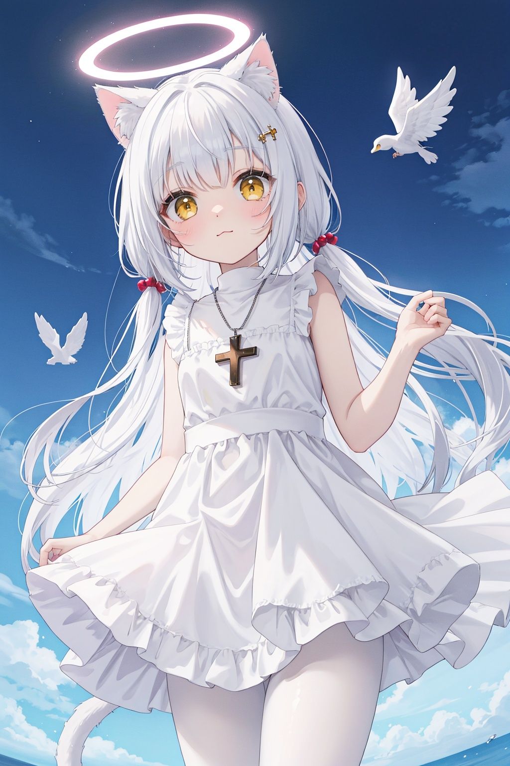  white hair,yellow eyes,looking up,stockings,long hair,hime cut,messy hair,floating hair,demon wings,halo,cross necklace,holy,divinity,shine,holy light,cat girl,(loli),(petite),solo,white pantyhose