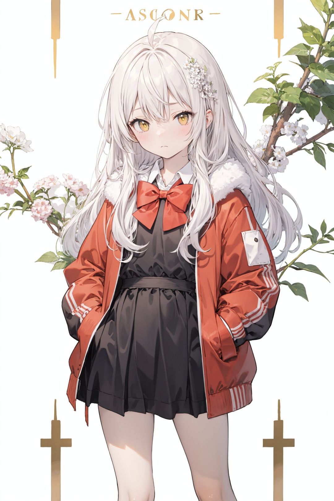  (best quality), ((masterpiece)), (highres),standing,original, extremely detailed wallpaper,crown,(an extremely delicate and beautiful),(loli),(petite),white hair,bangs,ahoge,hair flowing over,curly hair,long hair,Yellow eyes, (red Jacket),white collared shirt,hair flower,fipped hair,floating hair,Frown,hands in pockets,black dress,red bowtie,(solo),cozy anime