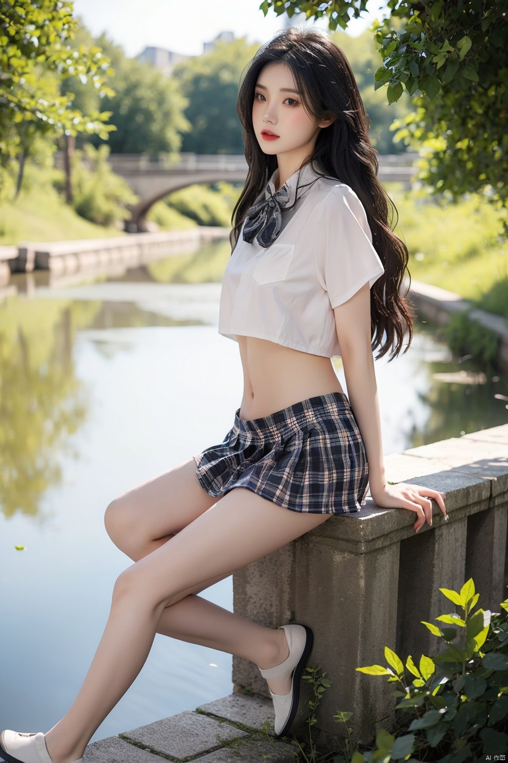  1girl, pale skin,black hair,long_hair,outdoors,sitting, bridge,river,full_body, miniJK,plaid,bare belly