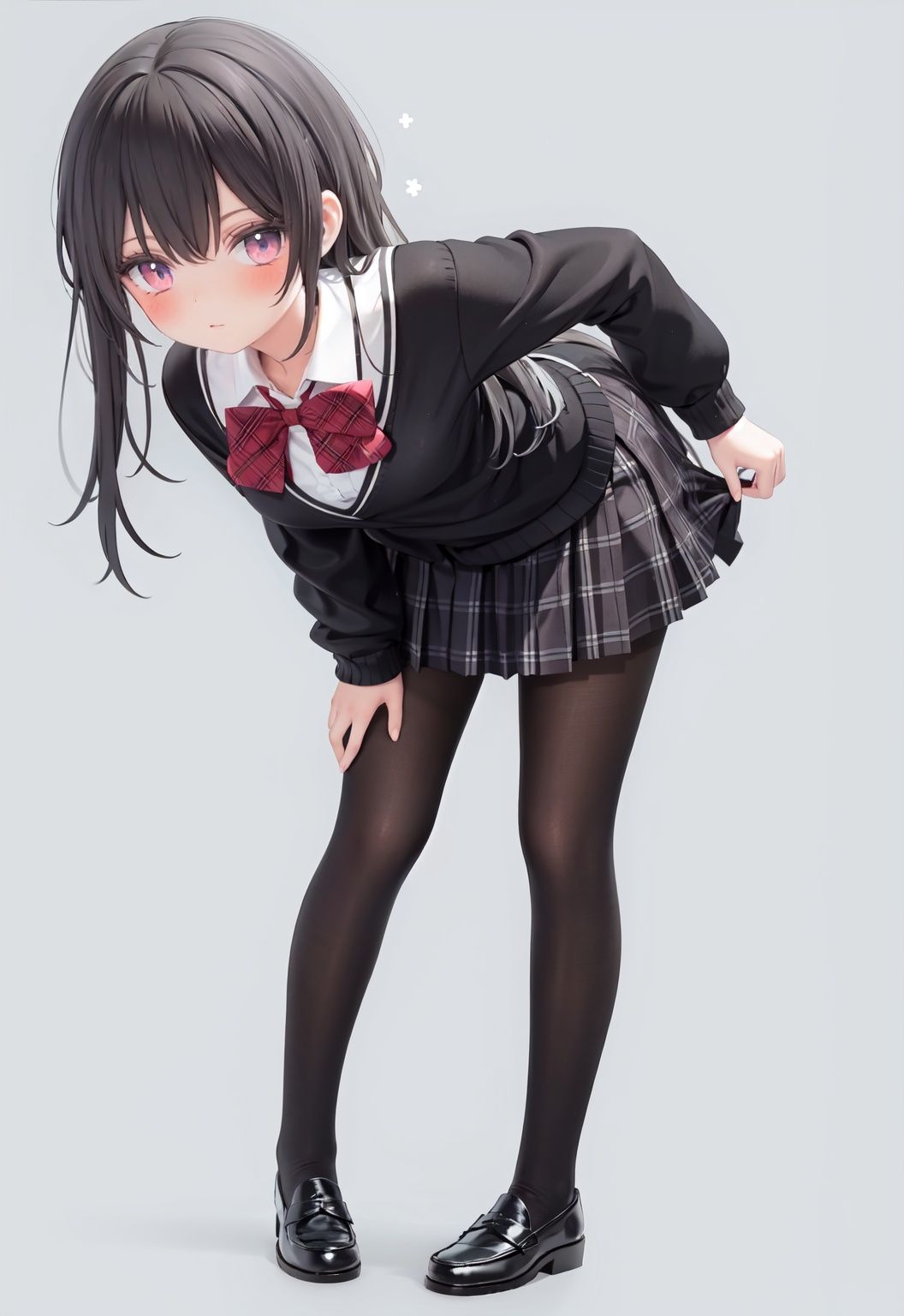  1girl, solo, pantyhose, skirt, long hair, loafers, shoes, simple background, school uniform, brown eyes, plaid, black pantyhose, plaid skirt, looking at viewer, black hair, pantyhose pull, full body, clothes pull, black footwear, pleated skirt, leaning forward, bangs, long sleeves, bent over, cardigan, bow, bowtie, standing, closed mouth, pulled by self, grey background, blush, miniskirt, red bow, sweater, **********