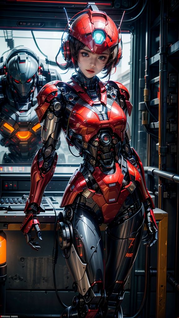 1girl, armor, blue eyes, breasts, cyberpunk, glowing, helmet,Streamlined mecha,Close fitting mecha,Part of the complex mecha structure,Smooth metal surface, joints, lips, looking at viewer, medium breasts, red hair, robot joints, science fiction, solo, standing