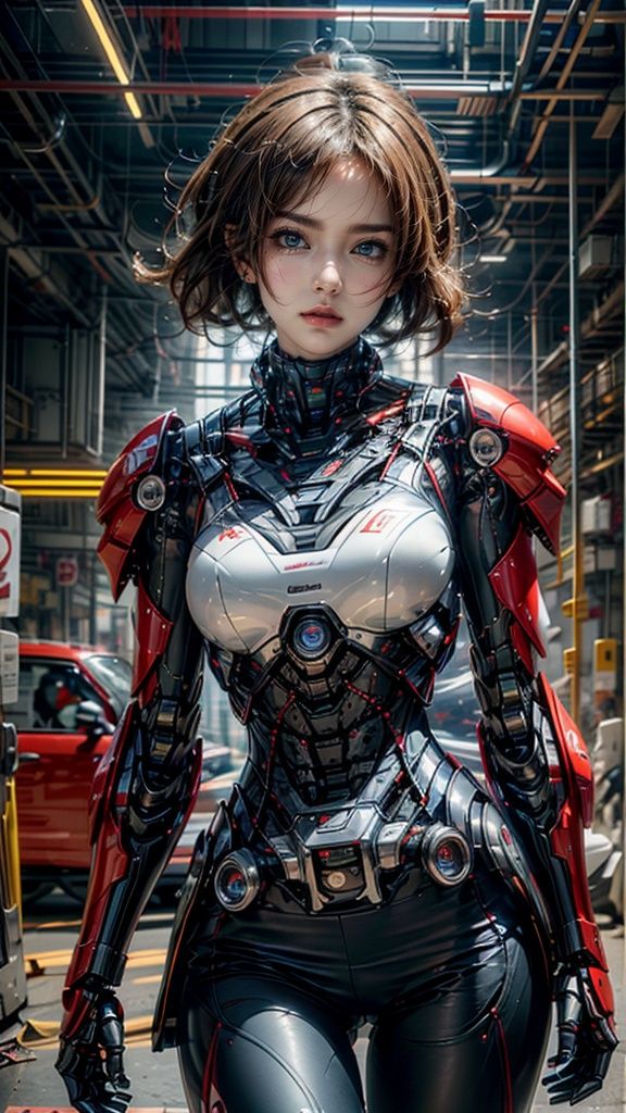 1girl, blue eyes, bodysuit, breasts, building, city,Smooth metal surface,Close fitting mecha,Part of the complex mecha structure,Streamlined mecha, lips, looking at viewer, mecha, medium breasts, realistic, science fiction, short hair, solo