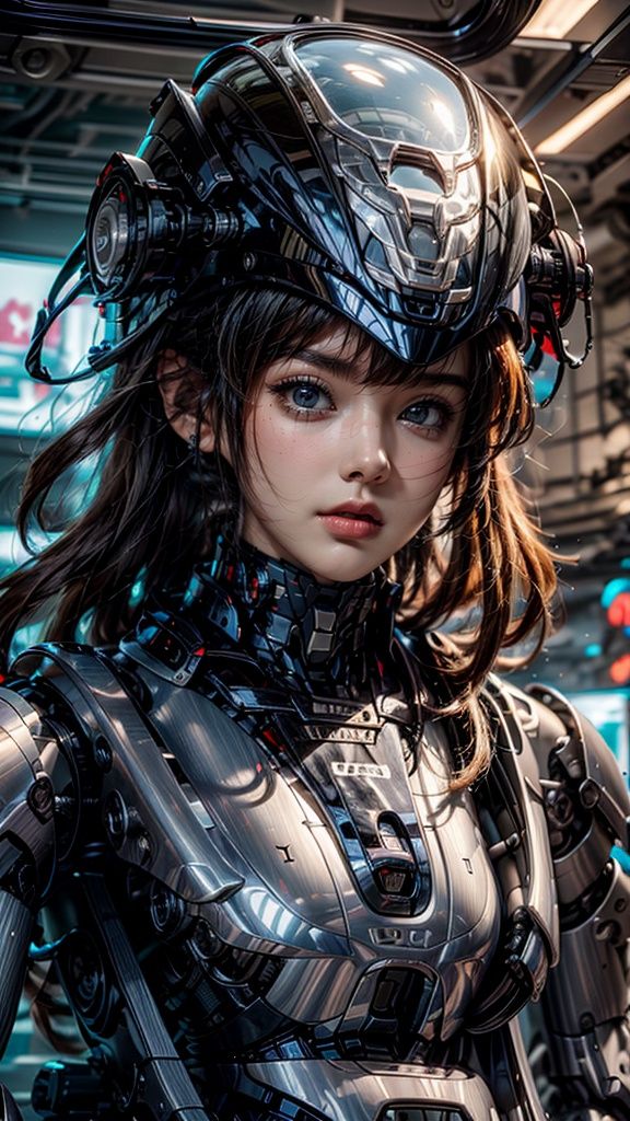 1girl, blue eyes, blurry, blurry background, cyberpunk, depth of field,Smooth metal surface,Close fitting mecha,Streamlined mecha, helmet, lips, long hair, looking at viewer, realistic, science fiction, solo