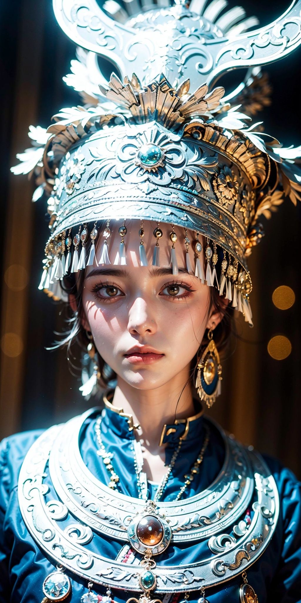 1girl,  bangs,  blunt bangs,  breath,  closed mouth,  hat, Silver metal headwear, Complex headwear, Complex jewelry, Round Silver Necklace, Miao ethnic clothing, Miao Silver Phoenix Crown,  jewelry,  lips,  short hair,  solo,  upper body,<lora:EMS-97074-EMS:0.800000>