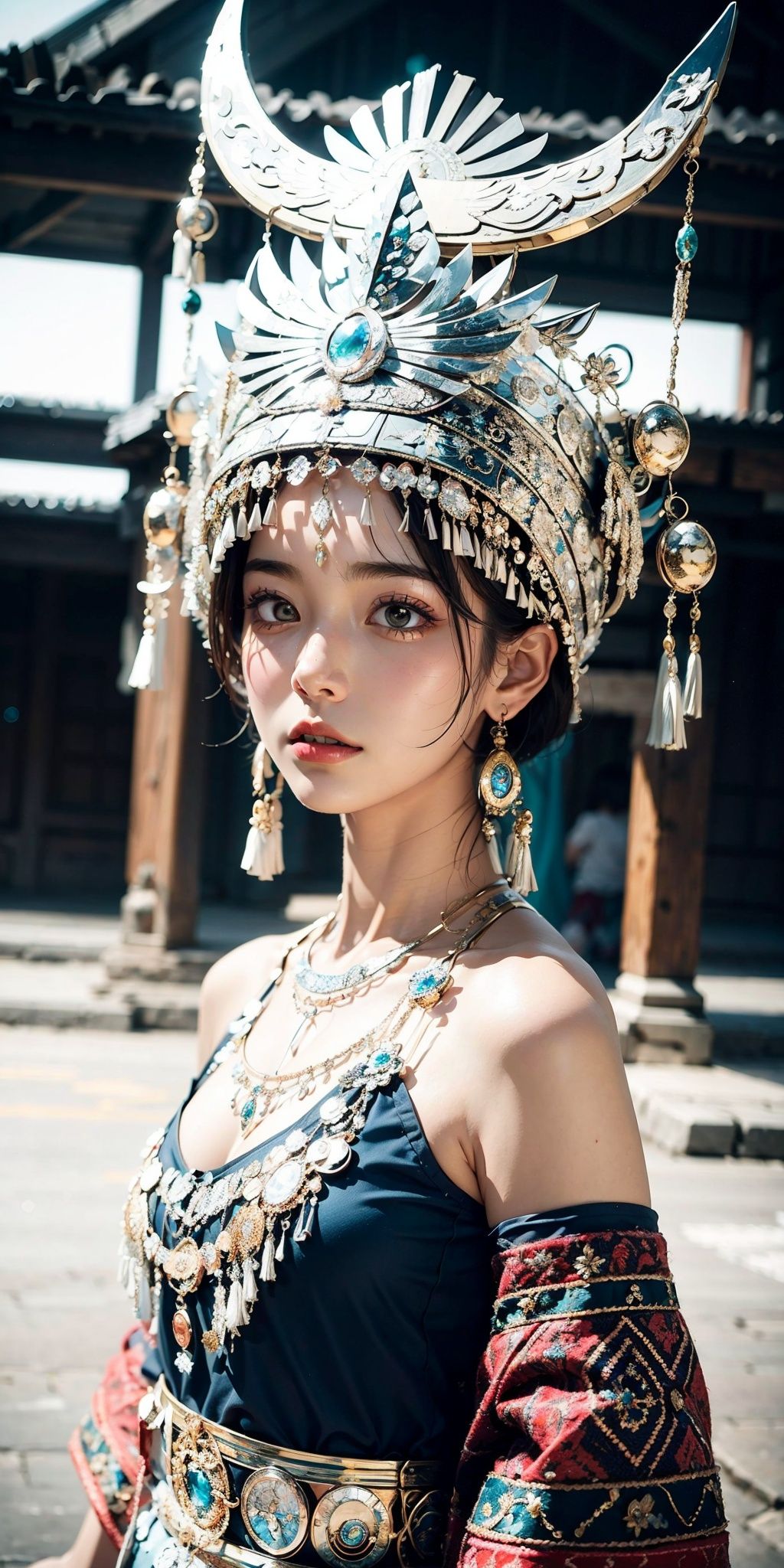 1girl,  bare shoulders,  blurry,  blurry background,  depth of field,  earrings, Miao Silver Phoenix Crown, Silver metal headwear, Round Silver Necklace, Complex jewelry, Super complex headwear, Crescent shaped headwear, Miao ethnic clothing,  hat,  jewelry,  lips,  looking at viewer,  short hair,  solo,  upper body,<lora:EMS-97406-EMS:0.800000>