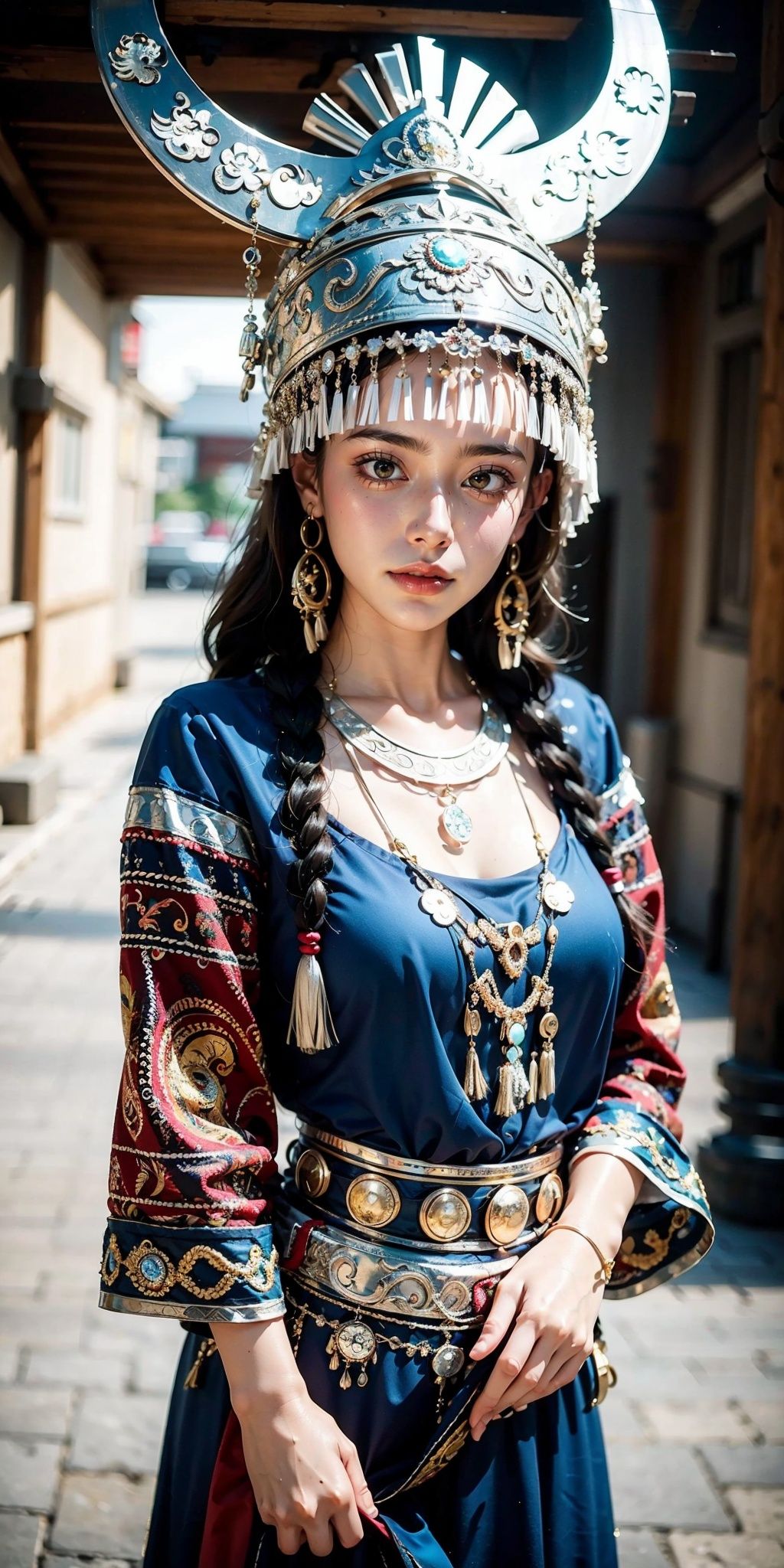 1girl,  blurry,  blurry background,  blurry foreground,  braid,  depth of field,  earrings,  hat, Miao Silver Phoenix Crown, Miao ethnic clothing, Crescent shaped headwear, Complex jewelry, Super complex headwear, Silver metal headwear,  jewelry,  lips,  long hair,  looking at viewer,  motion blur,  necklace,  photo \(medium\),  photorealistic,  solo,  twin braids,<lora:EMS-97074-EMS:0.800000>