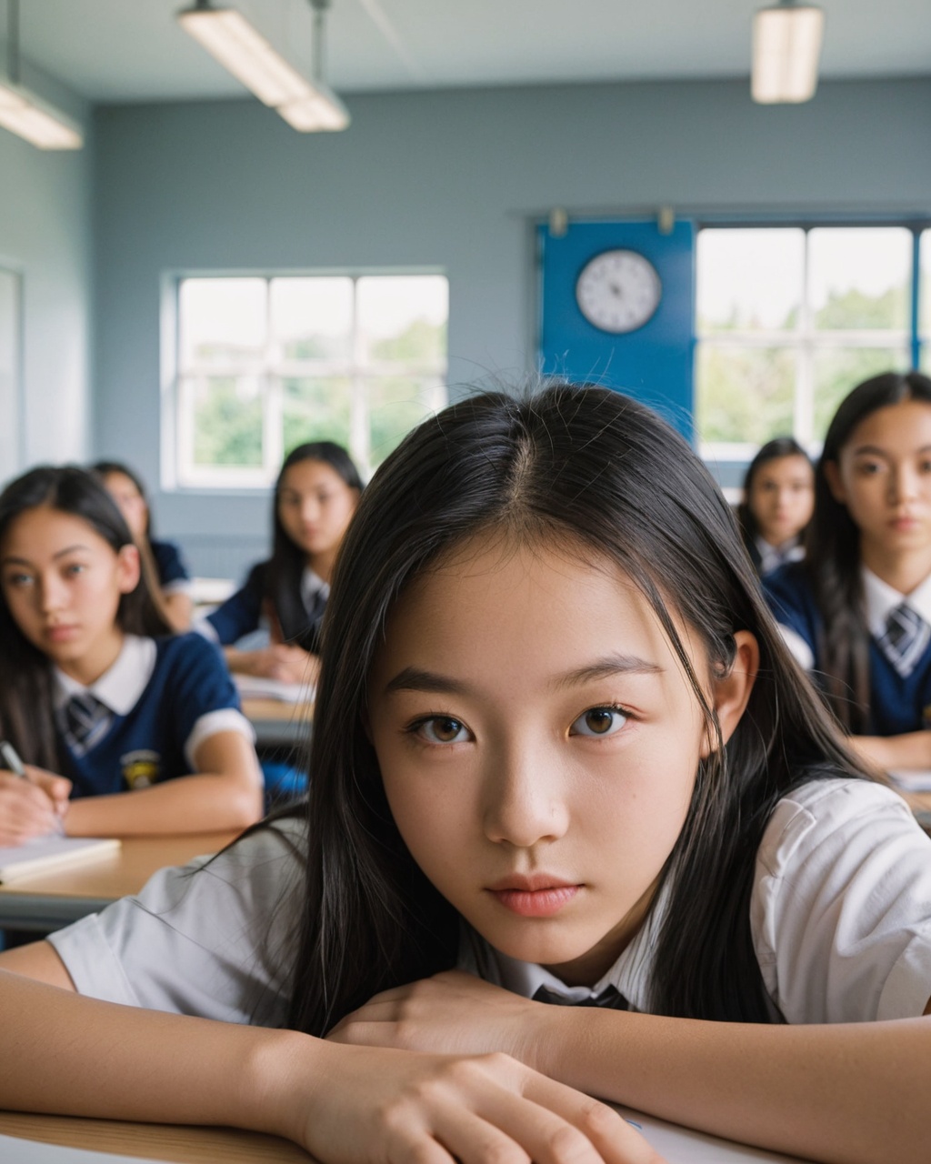 eyes shoot photo,  cloe up,  portraitphoto of a 15 year old asian girl in a modern classroom sitting at a school table wit...