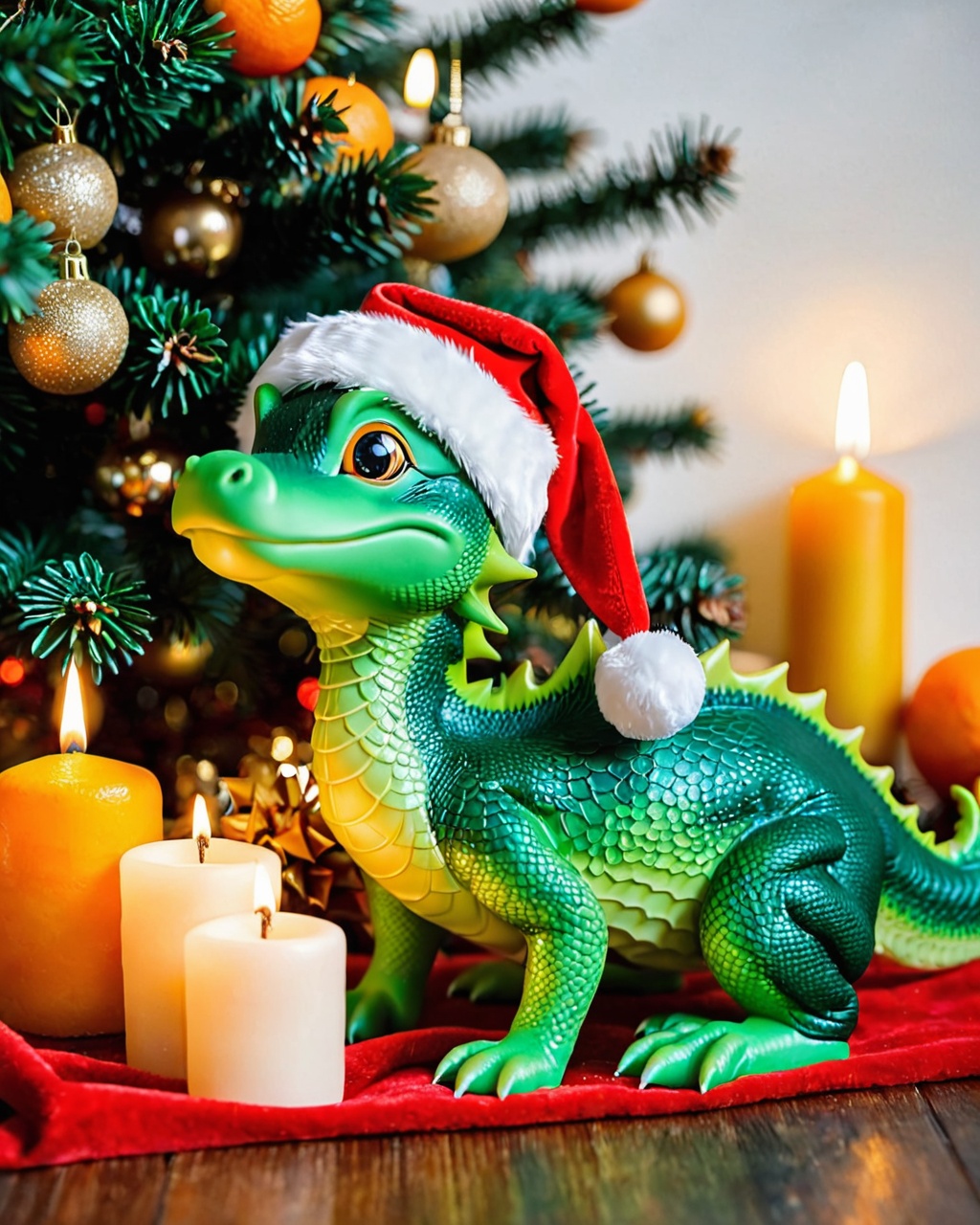 green little dragon in a Santa hat,  sitting next to candles,  a Christmas tree on Tensor.Art