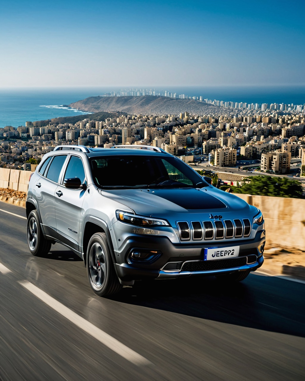 image taken from a low angle,  of brand new Jeep Cherokee 2022 silver grey color,  and on the road on Tensor.Art