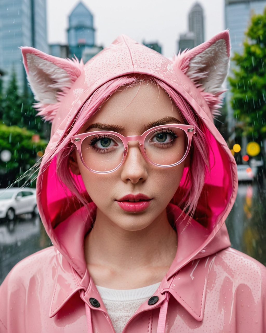 eyes shoot photo,  cloe up,  a pink anime wolf wearing glasses walking in the rain of seattle on Tensor.Art