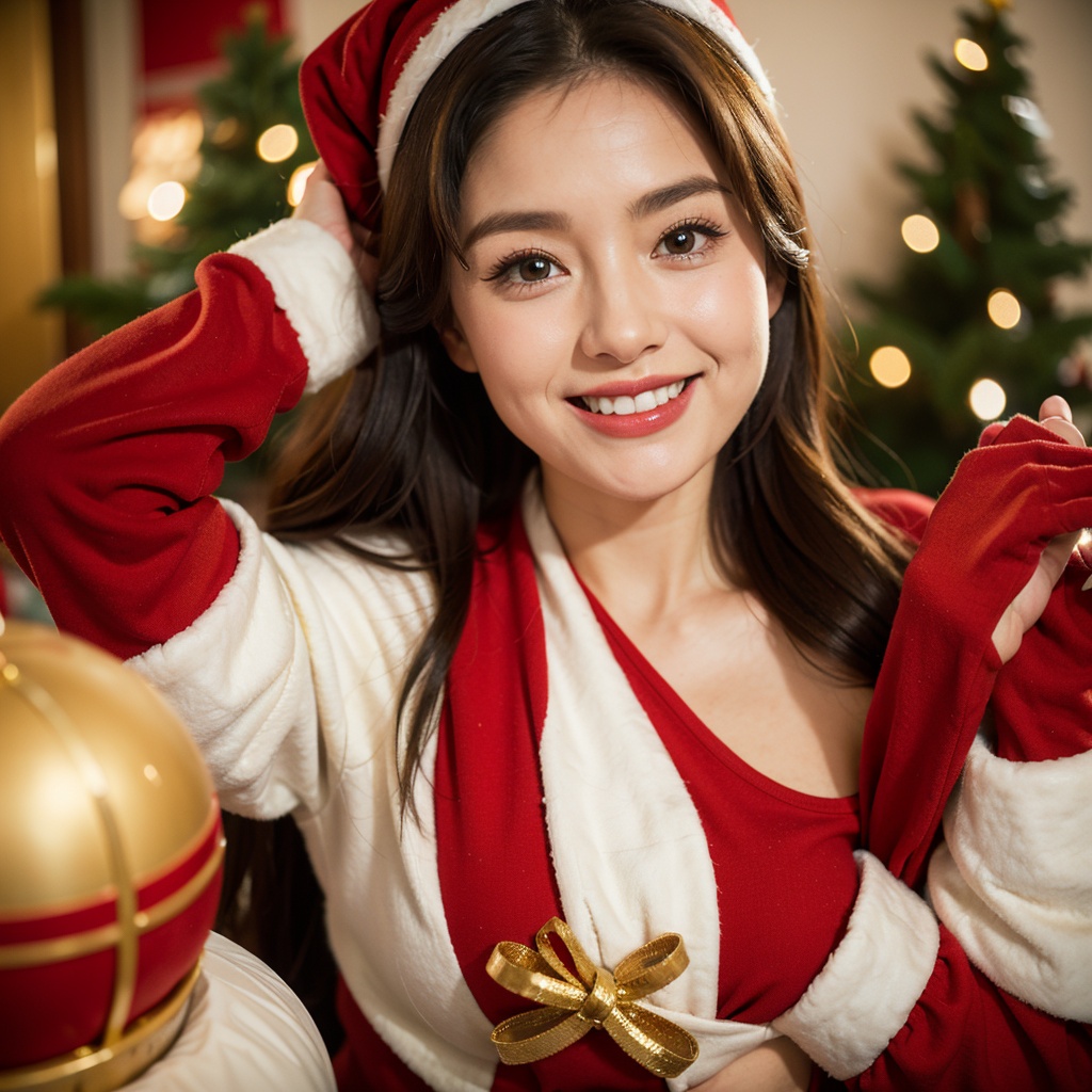 Festive and joyful Christmas portrait photography of a woman dressed as Santa Claus,  holding Christmas gifts in her hands...