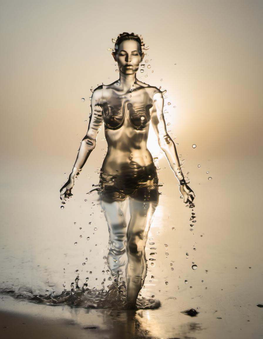 a photo of a woman made of water walking on a beach at sunrise,  water drops on Tensor.Art