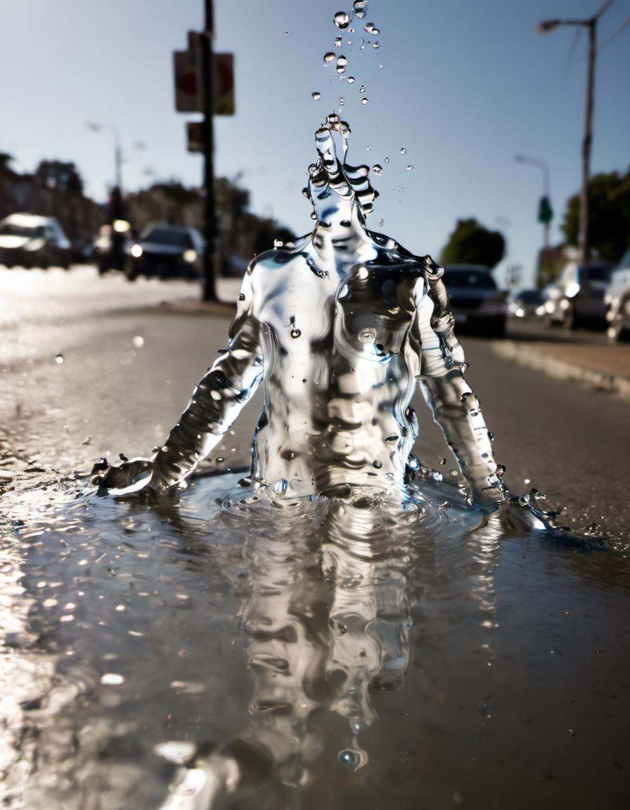 an extreme close-up photo of a man made of water,  coming up of a puddle on a street by joachim on Tensor.Art