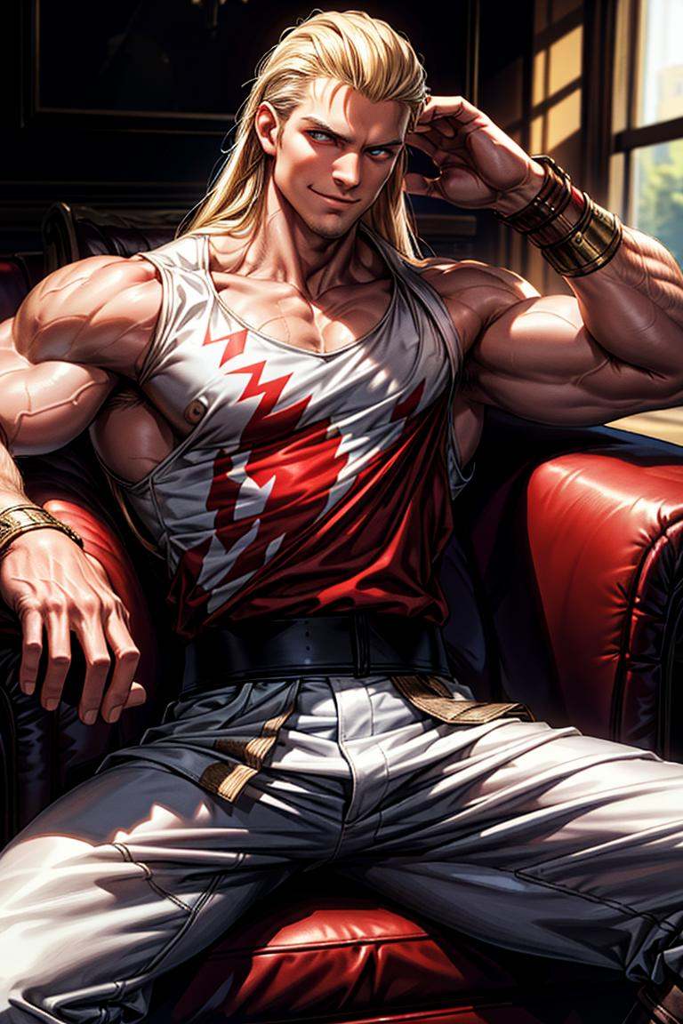 (masterpiece,  best quality:1.2),  man,  solo,  1guy, long slick hair,  sleeveless jumper,  white top,  black belt,  bracelets,  white pants,  boots,  smirk,  (depth of field:1.1),  ,  photo of person,  at the couch,  living room,  sitting.,  perfect face,  perfect picture,  detailed eyes,  sharp focus, best quality,<lora:EMS-94724-EMS:0.920000>