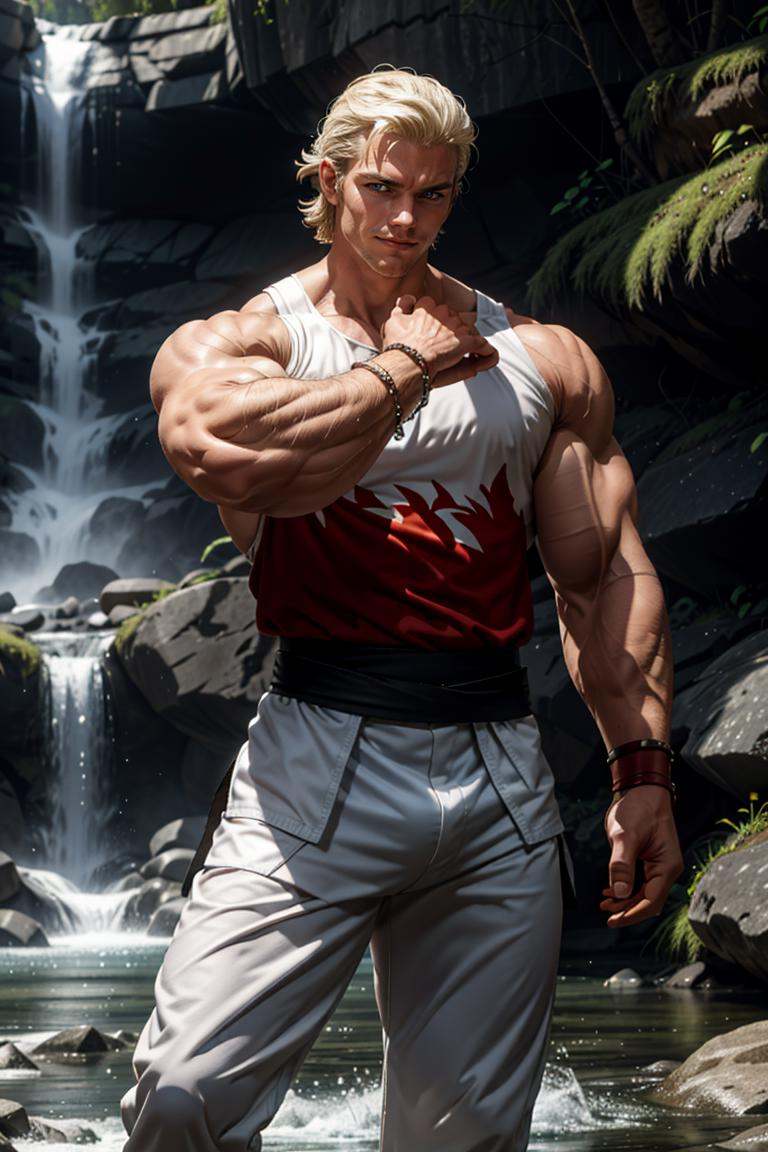 (masterpiece,  best quality:1.2),  man,  solo,  1guy,  sleeveless jumper,  white top,  black belt,  bracelets,  white pants,  boots,  smirk,  (depth of field:1.1),  ,  photo of person,  at the waterfall,  fighting pose, ,  masterpiece,  highness,  perfect face,  perfect picture,  detailed eyes,  sharp focus, High detailed view,<lora:EMS-94724-EMS:1.000000>