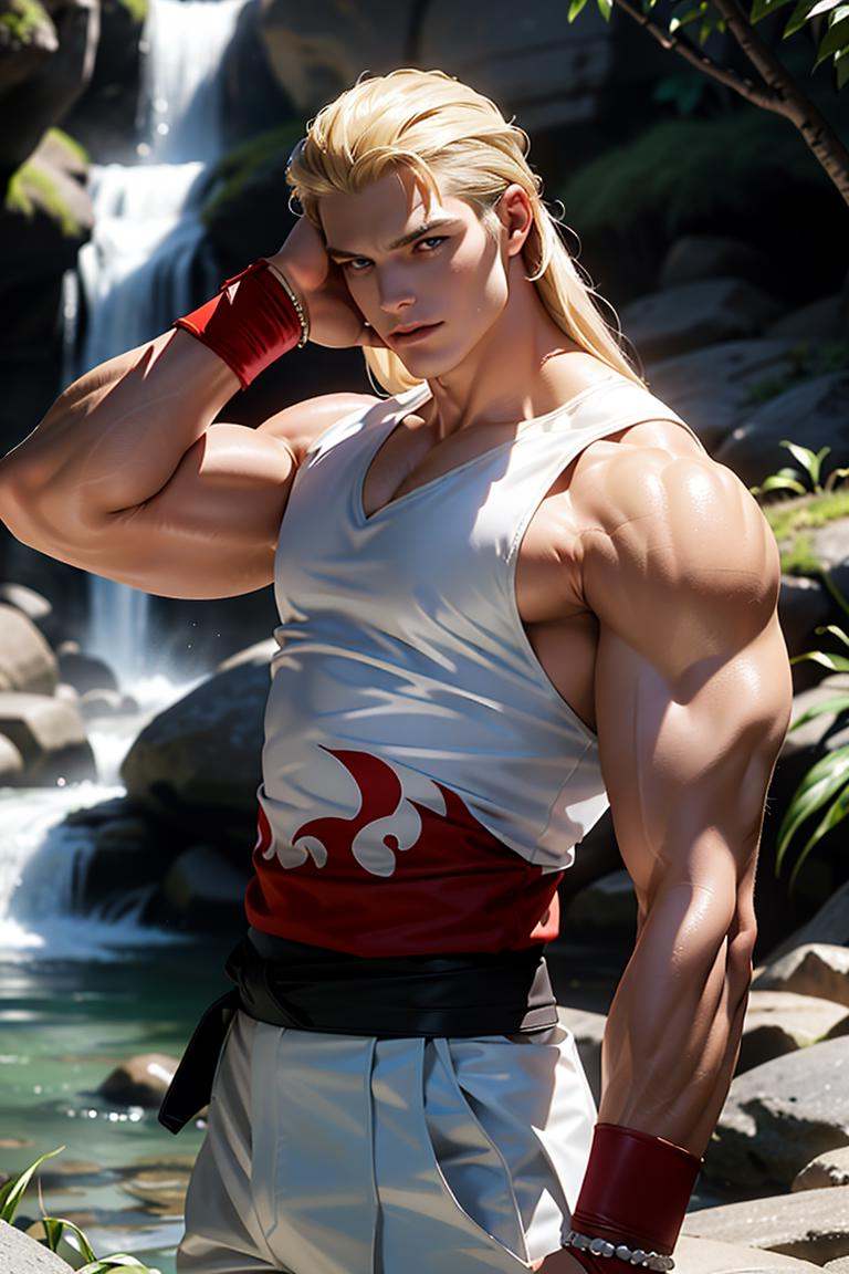 (masterpiece,  best quality:1.2),  man,  solo,  1guy,  long slick hair,  blond hair,  sleeveless jumper,  white top,  black belt,  bracelets,  white pants,  boots,  smirk,  (depth of field:1.1),  ,  photo of person,  at the waterfall,  fighting pose, ,  masterpiece,  highness,  perfect face,  perfect picture,  detailed eyes,  sharp focus, High detailed view,<lora:EMS-94724-EMS:0.930000>